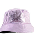 A shiny metallic pink bucket hat with a textured, crinkled finish and a stitched brim, shown against a plain white background.
