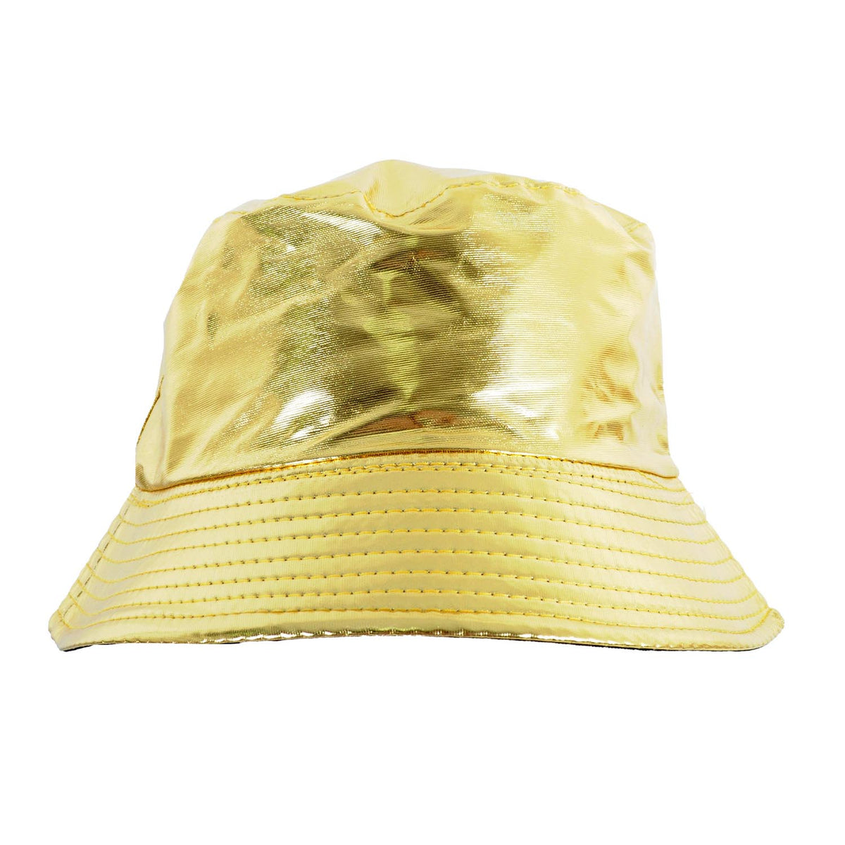 A shiny metallic gold bucket hat with a curved brim, shown against a plain white background.