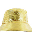 A shiny metallic gold bucket hat with a curved brim, shown against a plain white background.