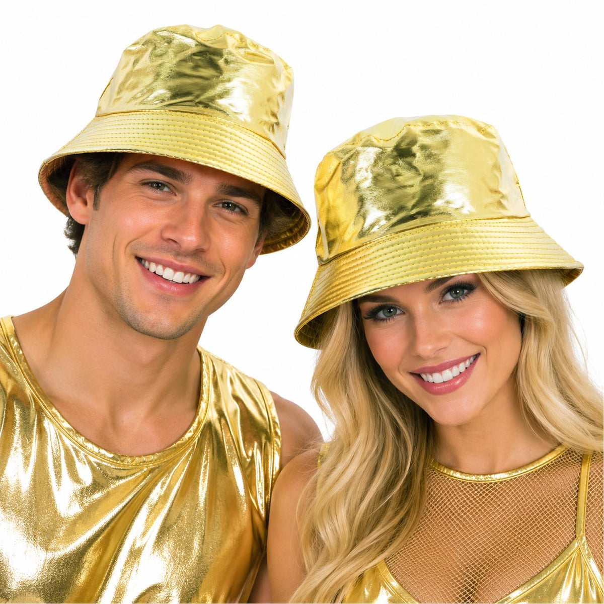 A man and a woman wearing shiny metallic gold bucket hats and matching gold outfits, smiling against a plain white background.