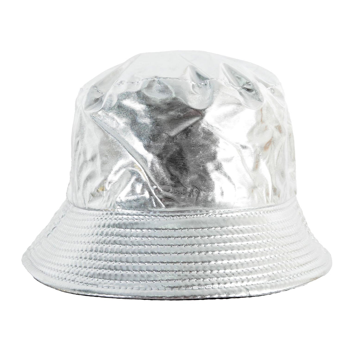 A shiny silver bucket hat with a crinkled, metallic finish on the crown and a textured, ribbed silver brim, shown against a plain white background.