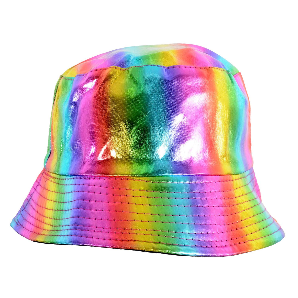A shiny rainbow holographic bucket hat on a solid white background.