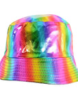 A shiny rainbow holographic bucket hat on a solid white background.