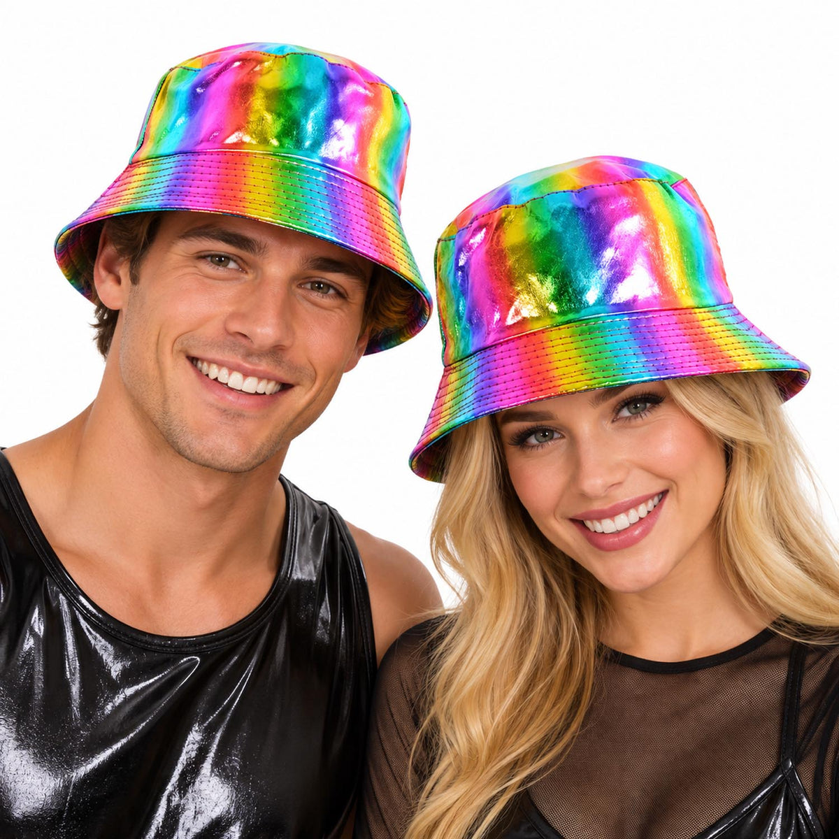 A man and a woman wearing shiny rainbow holographic bucket hats, posing against a solid white background.