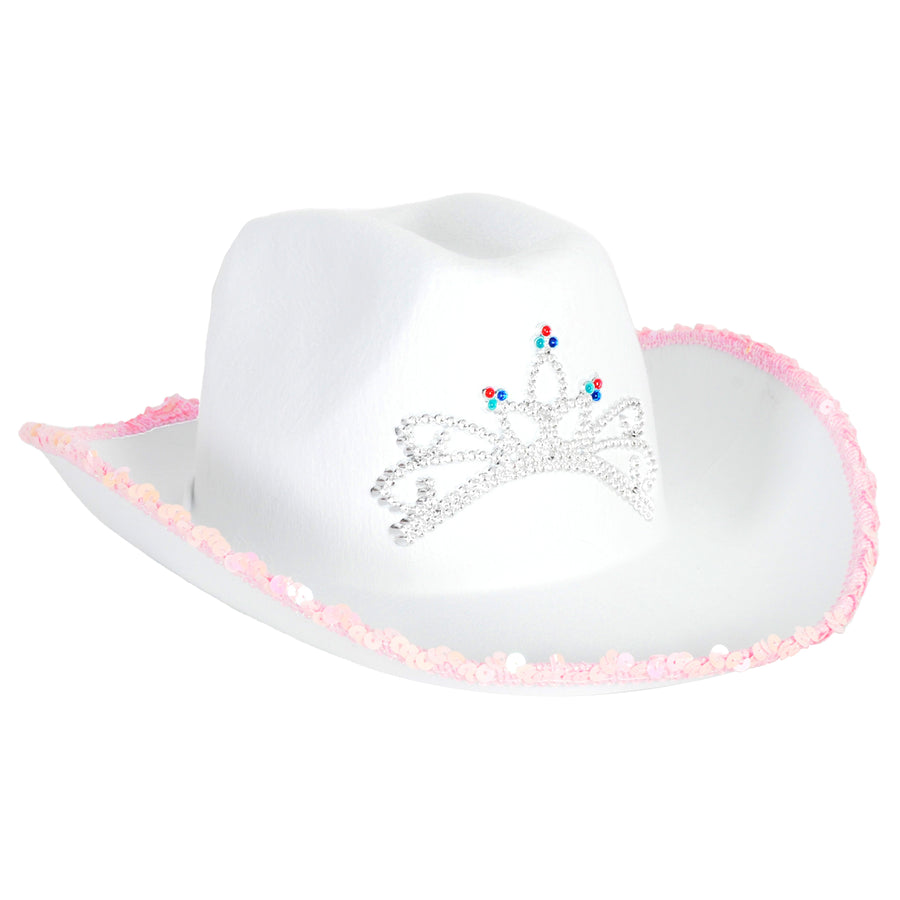 White Sequin Rim Cowboy Hat with Princess Tiara