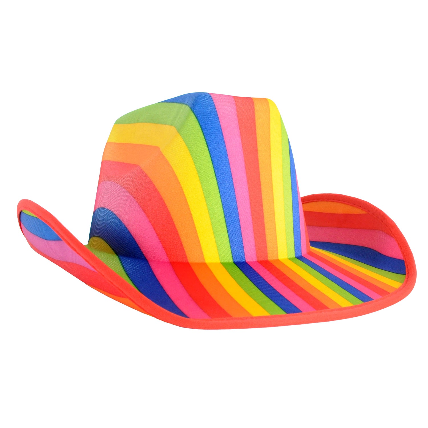A novelty cowboy hat with vibrant rainbow-colored stripes in red, orange, yellow, green, blue, and pink, shown against a plain white background.
