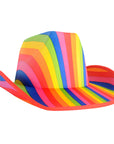 A novelty cowboy hat with vibrant rainbow-colored stripes in red, orange, yellow, green, blue, and pink, shown against a plain white background.