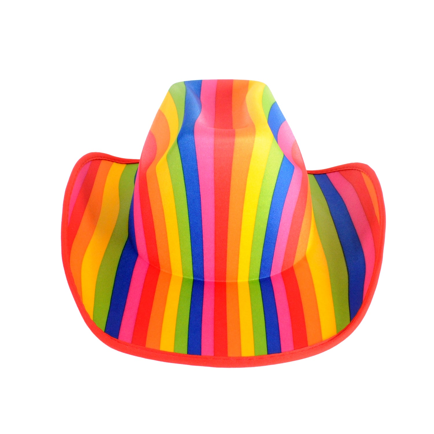 A cowboy hat with vibrant vertical rainbow stripes in red, orange, yellow, green, blue, and pink, outlined with a red border, shown against a plain white background.