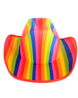 A cowboy hat with vibrant vertical rainbow stripes in red, orange, yellow, green, blue, and pink, outlined with a red border, shown against a plain white background.