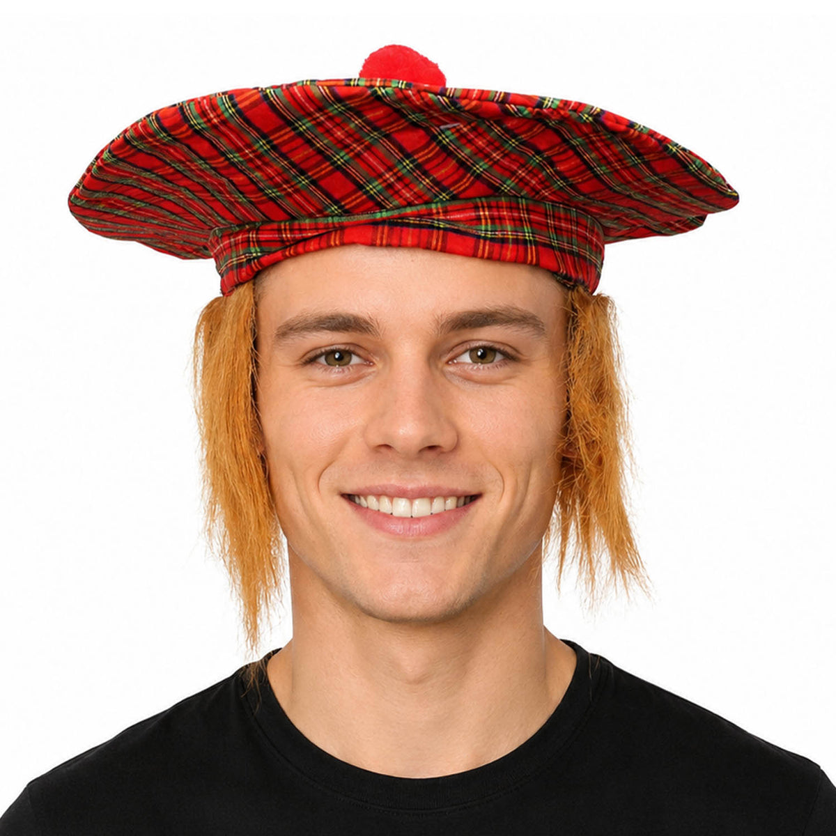 A man wearing a red and black tartan plaid bonnet hat with a small red pom-pom on top, set against a plain white background.