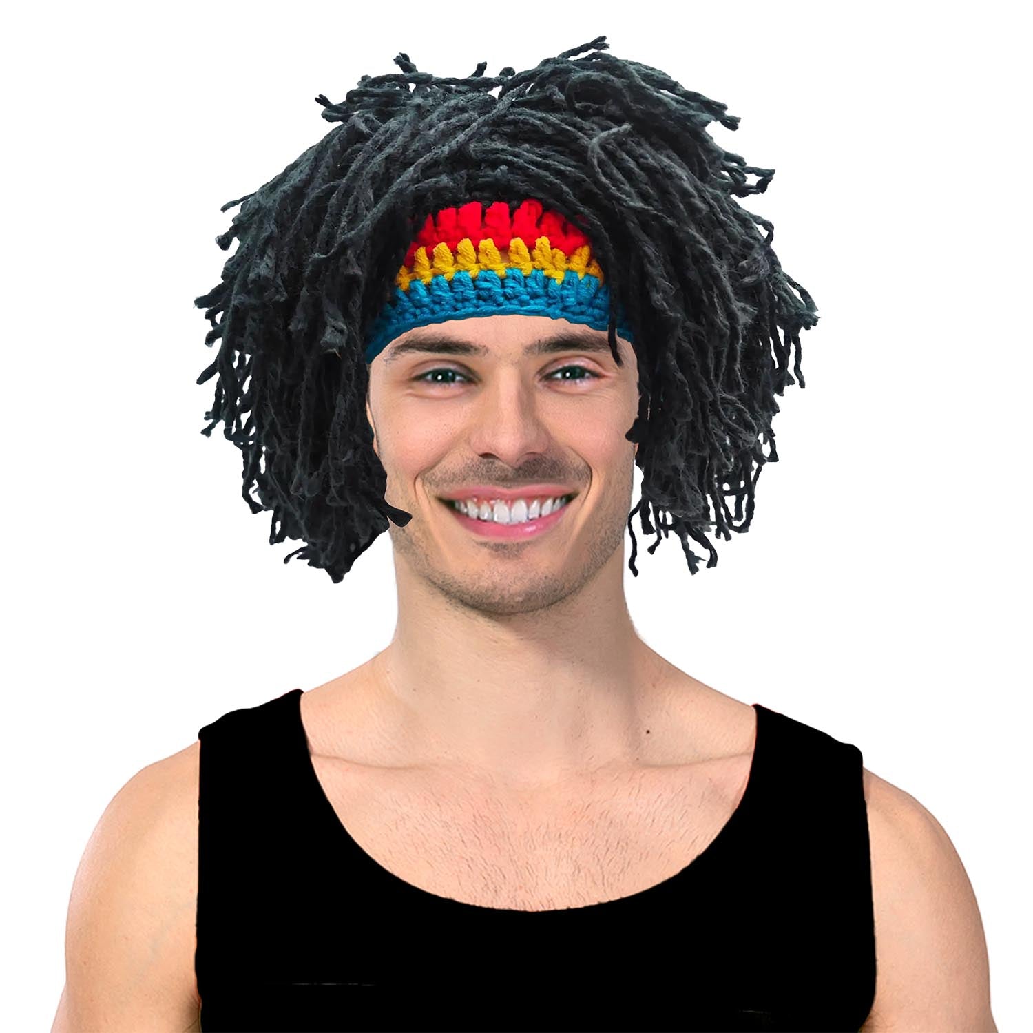 Person wearing a colorful headband and black wig on a white background