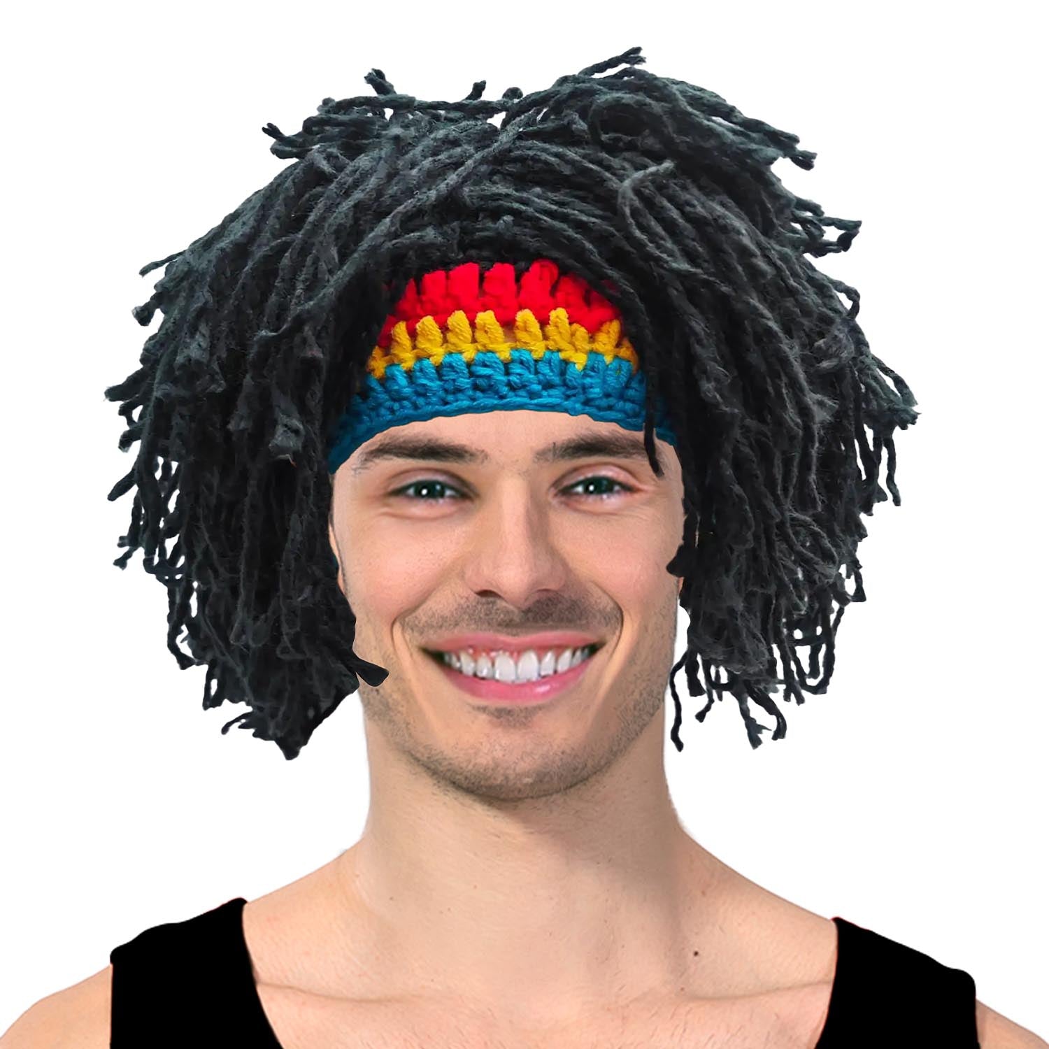 Person wearing a colorful headband and black wig with a white background