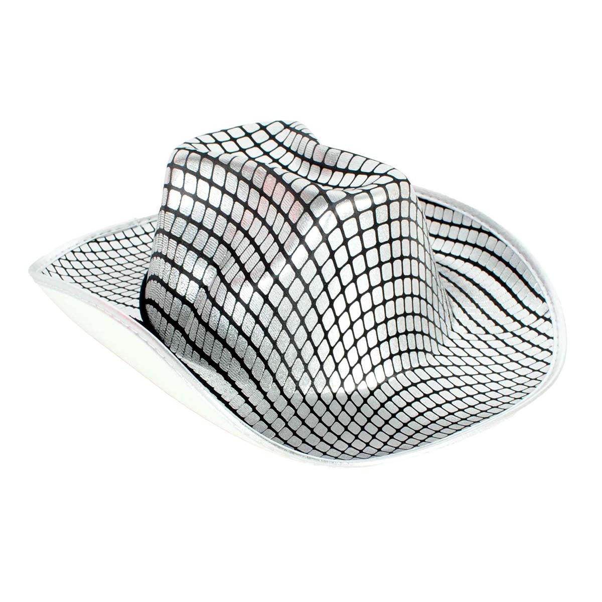 A silver cowboy hat with a metallic grid pattern overlay, shown from a three-quarters angle on a plain white background.