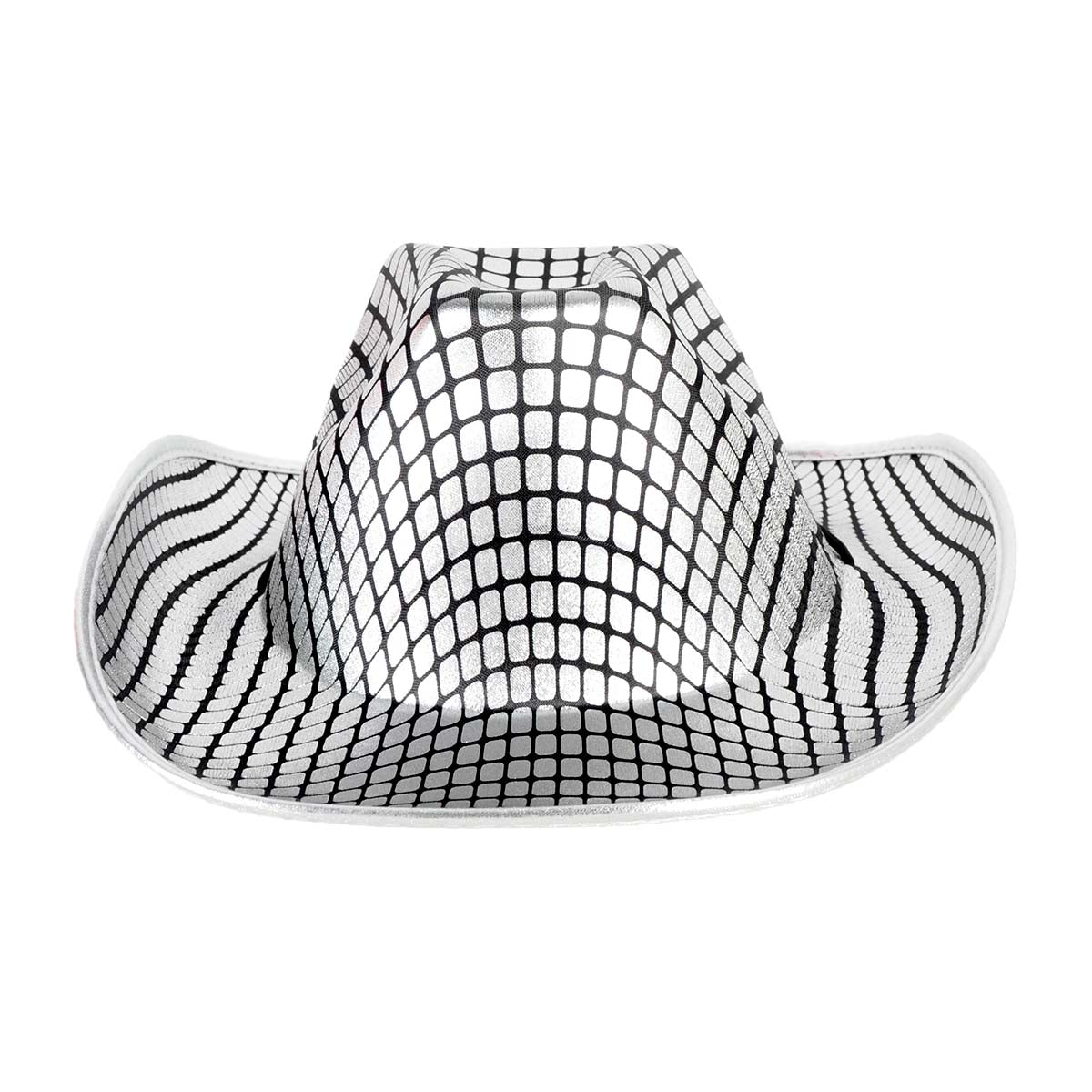 A black and silver patterned cowboy hat with a grid and wavy stripe design, shown against a plain white background.