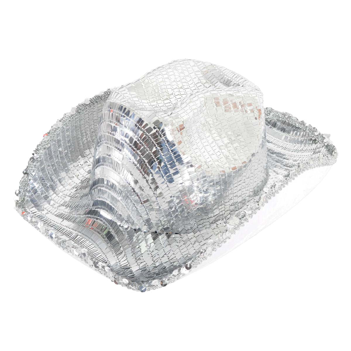 A silver sequined cowboy hat with a textured, reflective surface, shown on a plain white background.