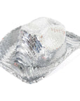 A silver sequined cowboy hat with a textured, reflective surface, shown on a plain white background.
