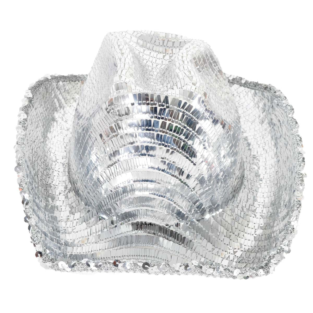 A silver sequinned cowboy hat with a reflective, glittering finish, photographed against a solid white background.