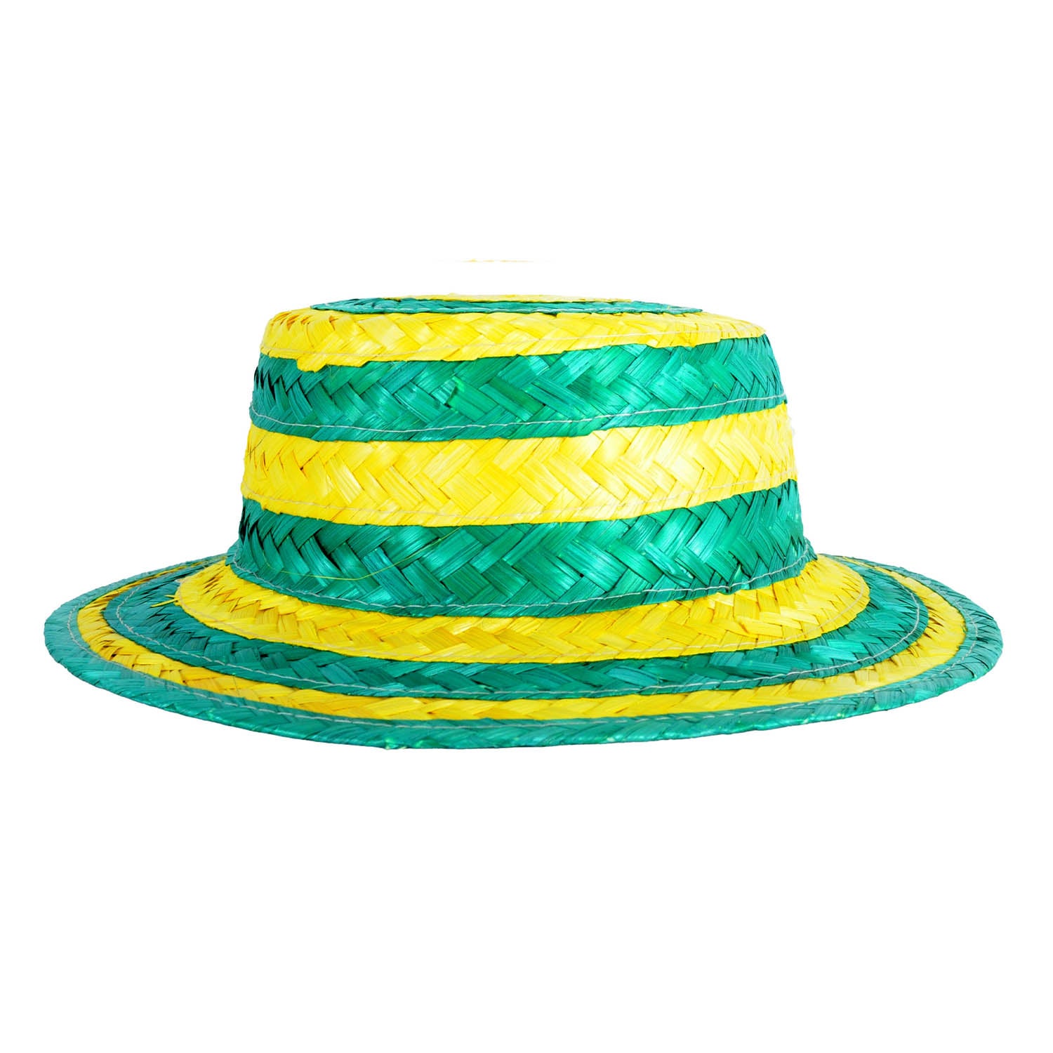 Green and yellow striped woven hat on a white background