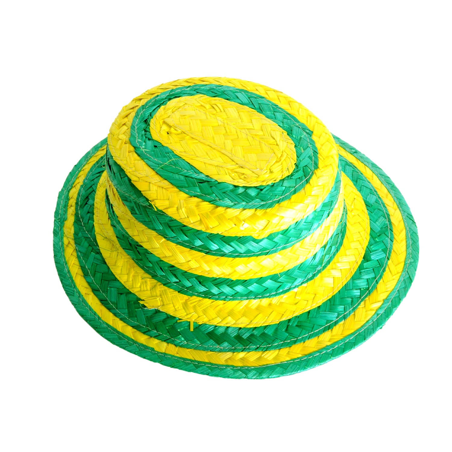 A green and yellow straw hat on a white background