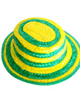 A green and yellow straw hat on a white background