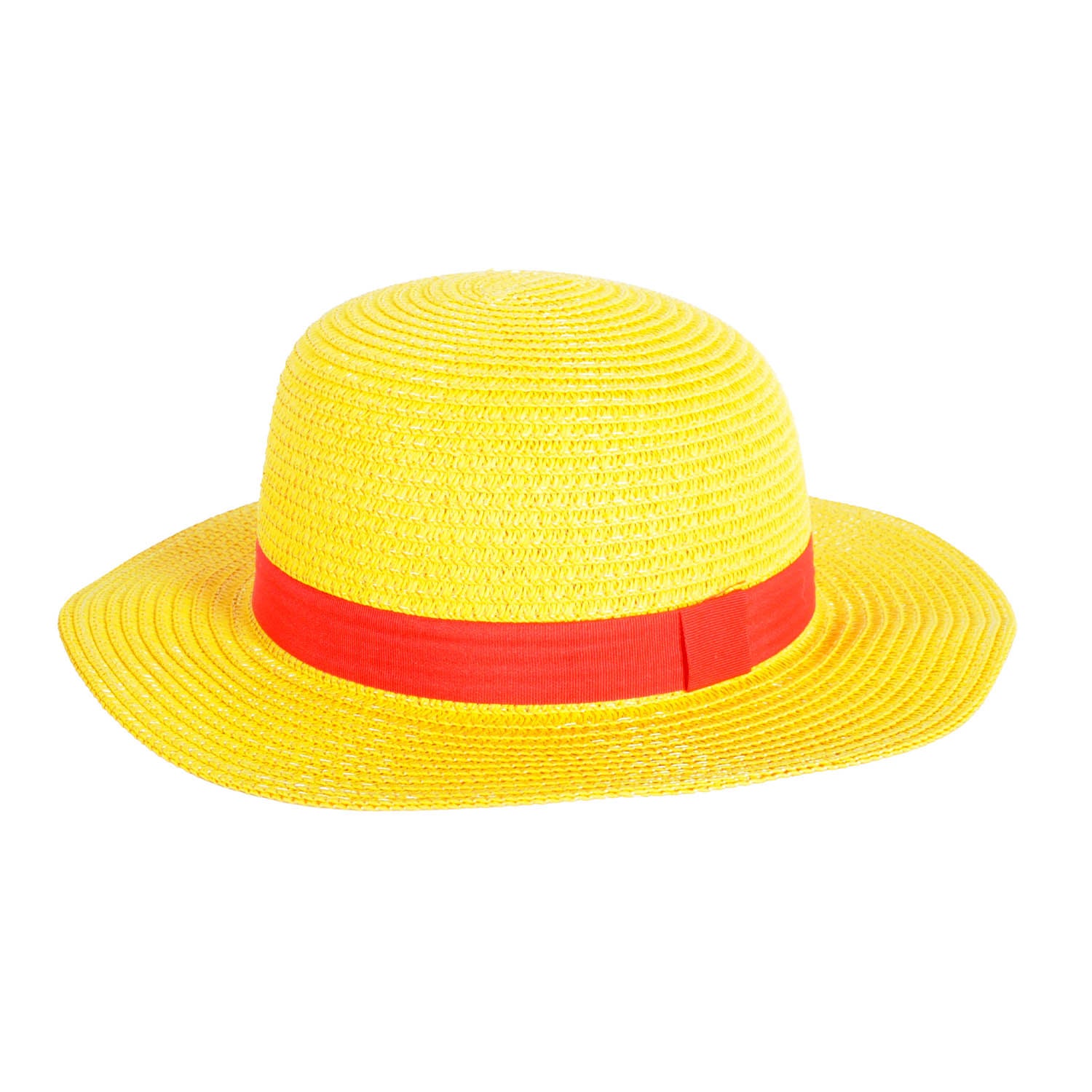 Yellow straw hat with a red band on a white background