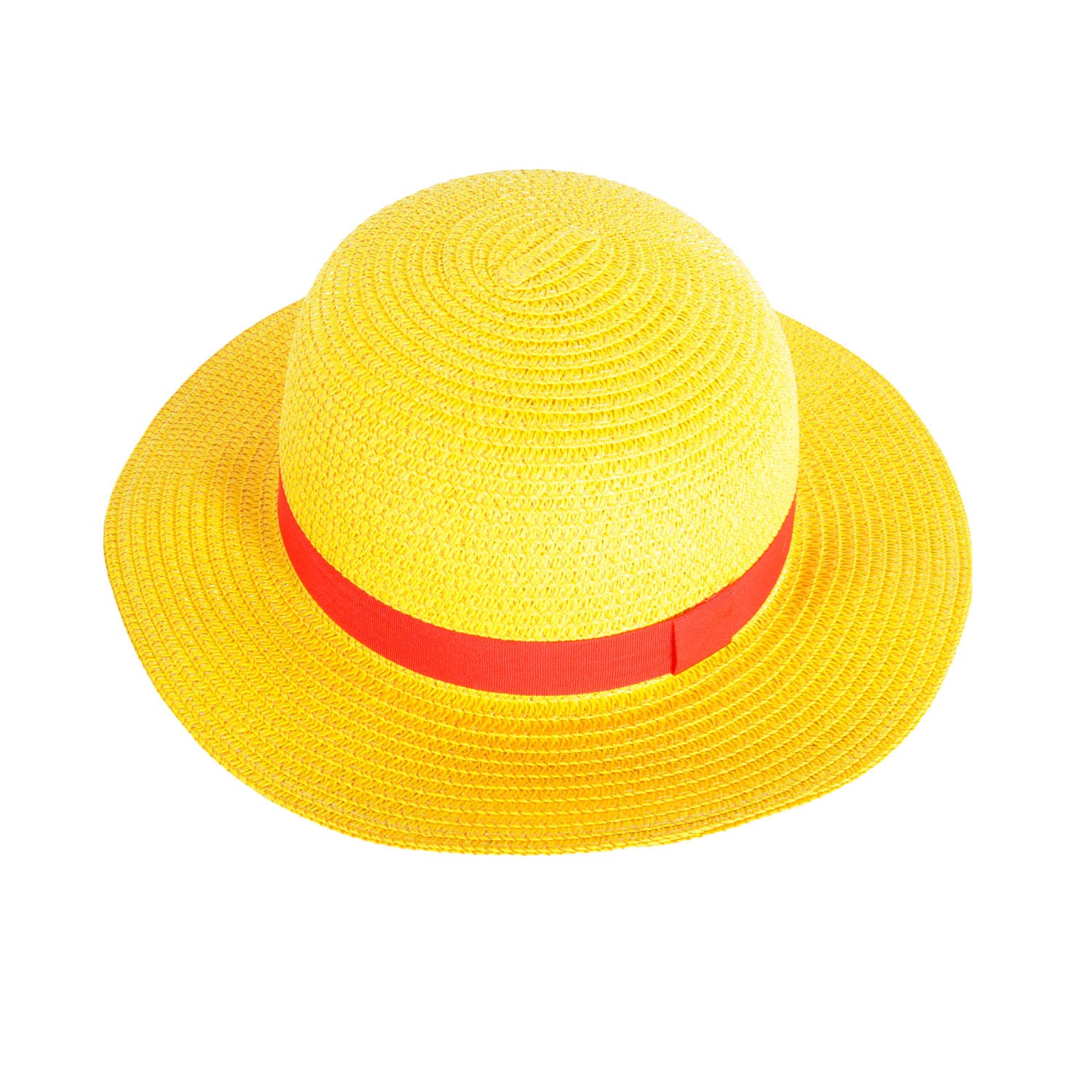 Yellow straw hat with a red band on a white background