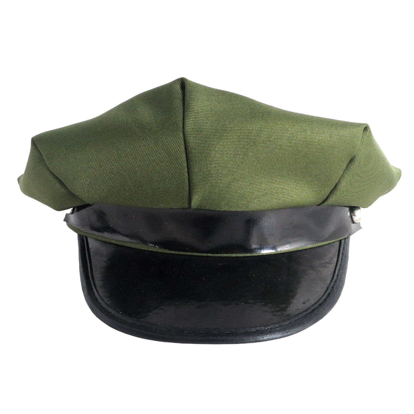 Green and black military-style hat on a white background
