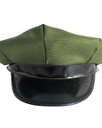 Green and black military-style hat on a white background