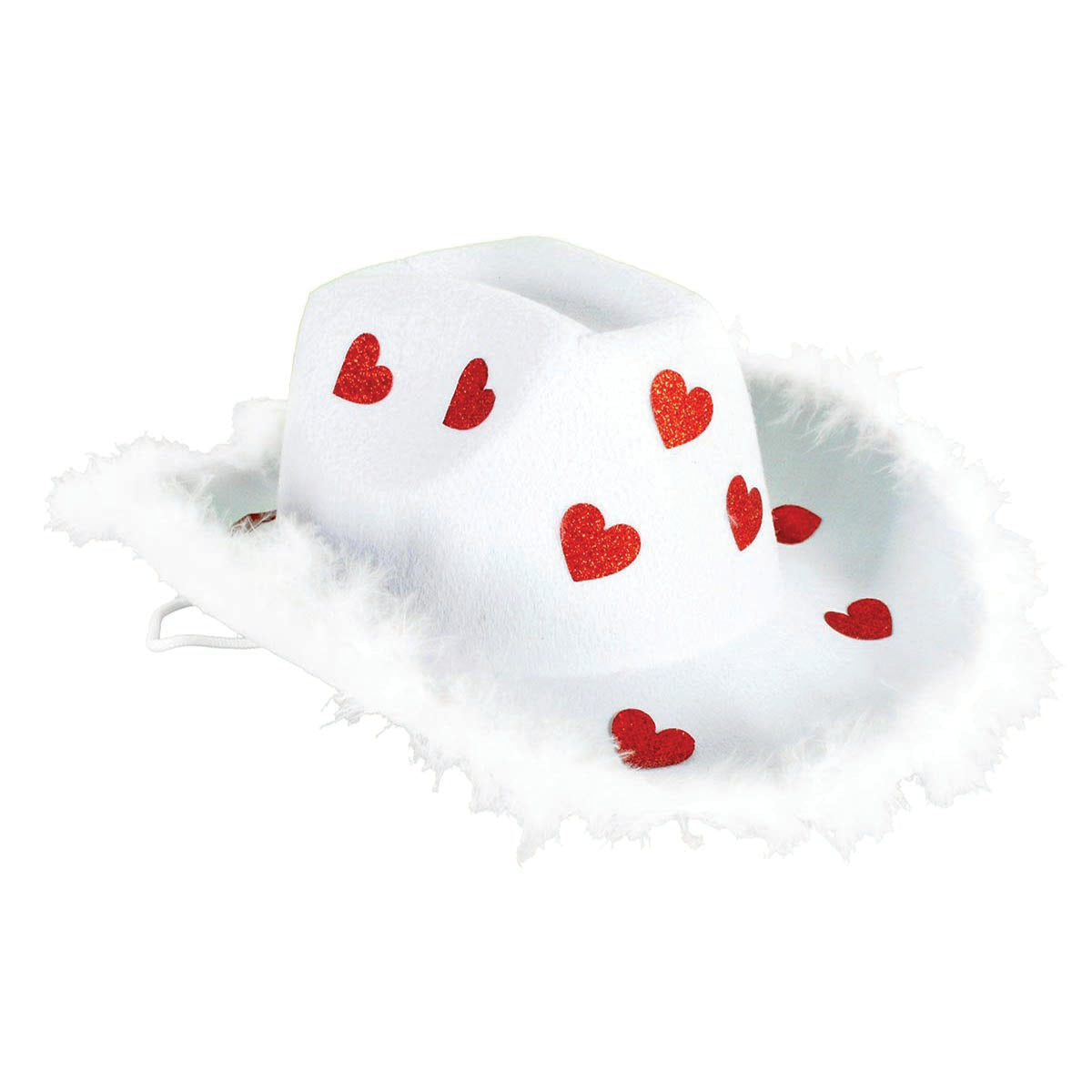 A white felt cowboy hat costume accessory with red glitter hearts and a fluffy white faux-fur trim, shown on a plain white background.