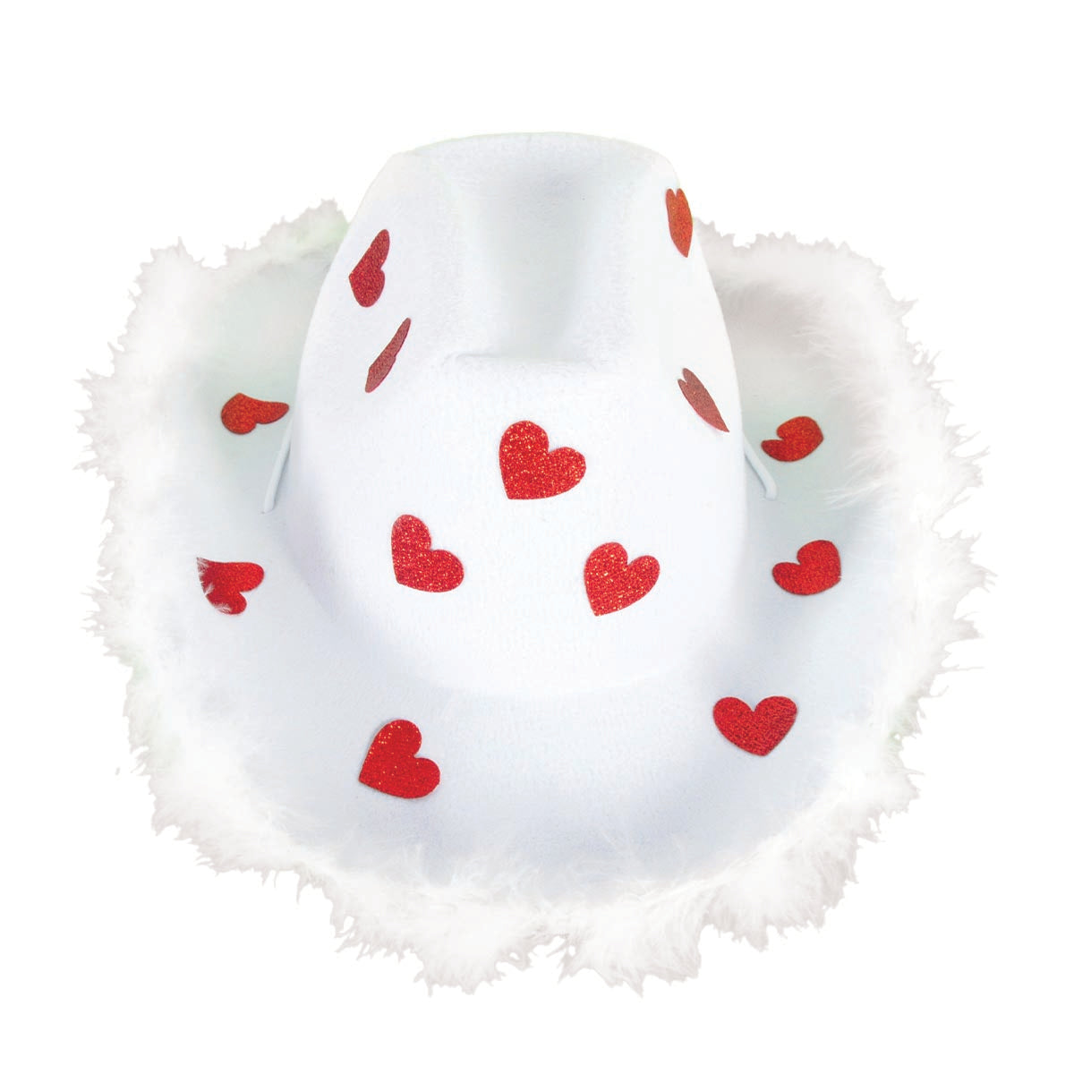 A white cowboy hat with a fluffy white faux-fur trim and scattered red glitter hearts, shown against a plain white background.