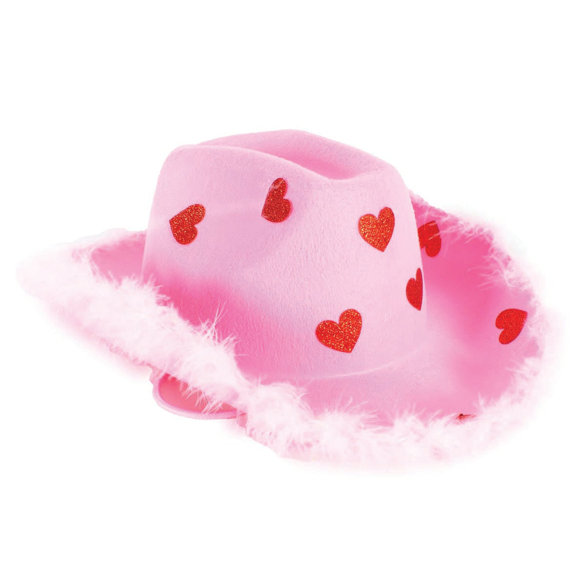 A pink felt cowboy hat decorated with red glittery hearts and trimmed with fluffy white faux fur, shown on a plain white background.