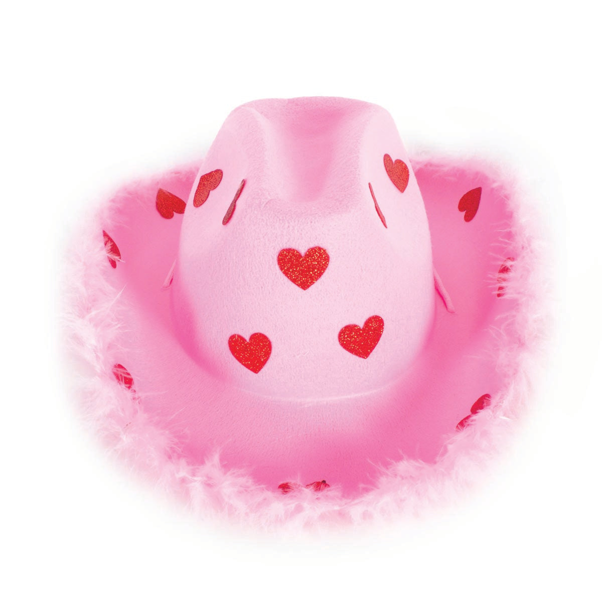 A pink cowboy hat with red glitter hearts and a fluffy pink feather trim, isolated on a white background.