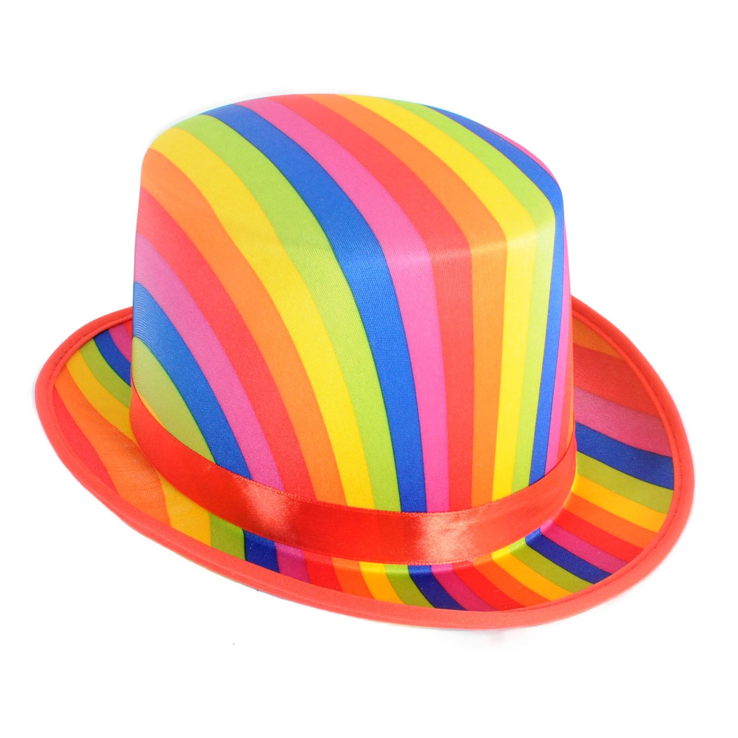 A top hat with a vibrant rainbow striped pattern and a red satin band, shown on a plain white background.
