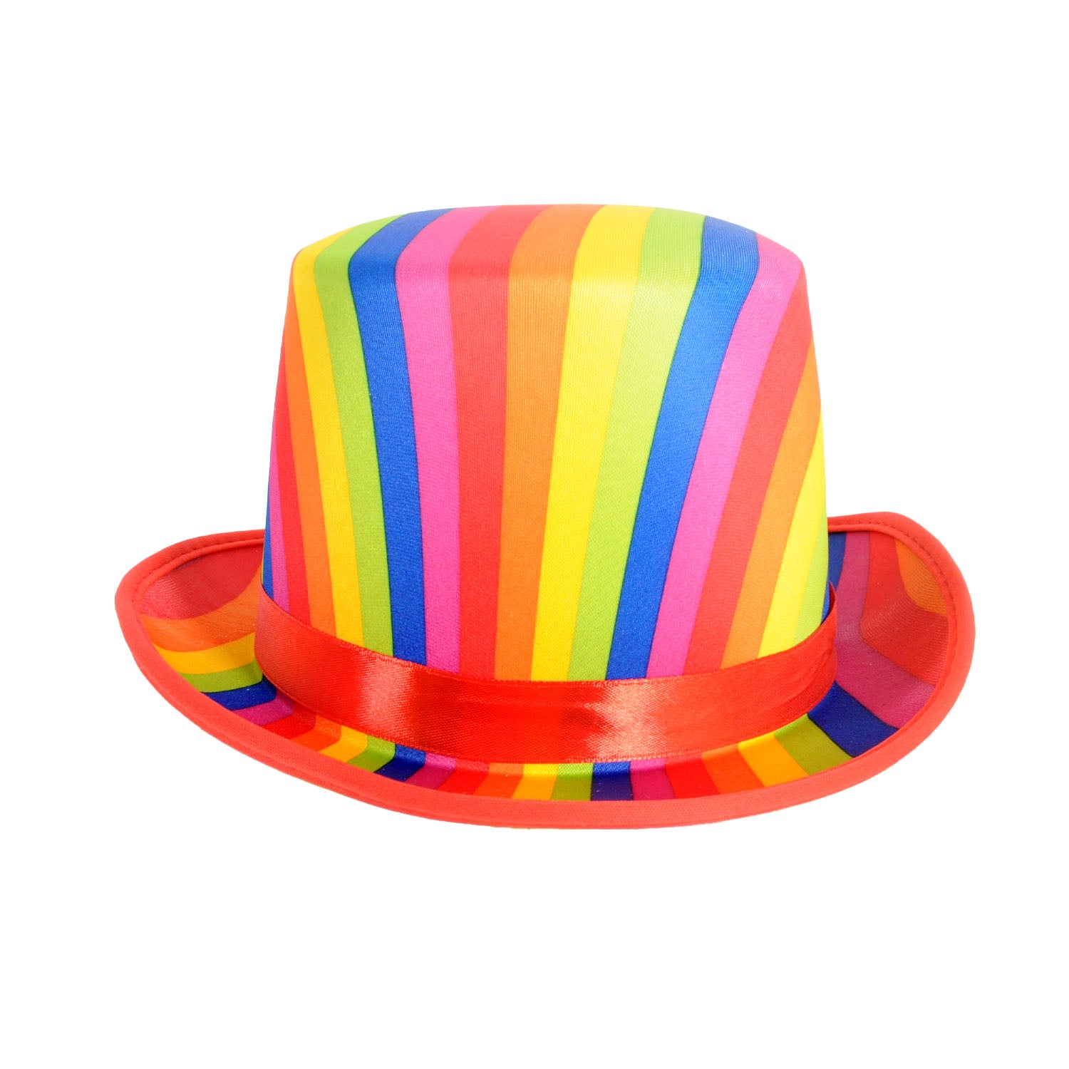 A top hat with vibrant vertical rainbow stripes in red, orange, yellow, green, blue, and pink, featuring a matching red trim and a red satin band.