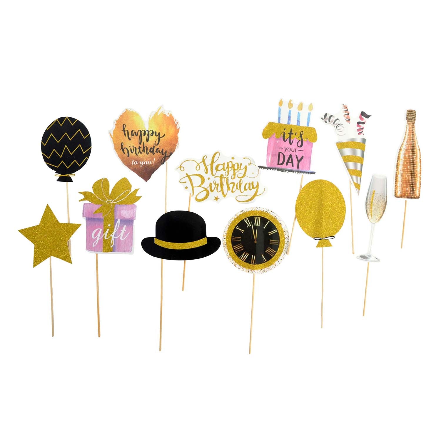 A set of 12 birthday party photo booth props on wooden sticks, featuring gold, black, pink, and white designs including a star, gift box, hat, cake, champagne flute, and balloons.