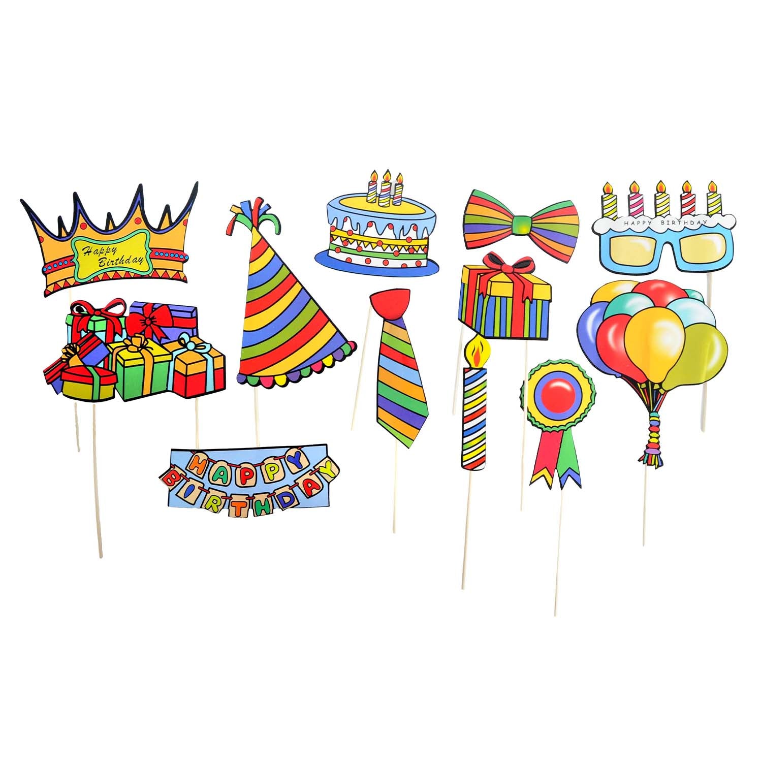 A set of colorful birthday photo booth props on sticks, including a crown, party hat, cake, bow tie, glasses, balloons, gifts, ribbon, and a banner, shown against a plain white background.