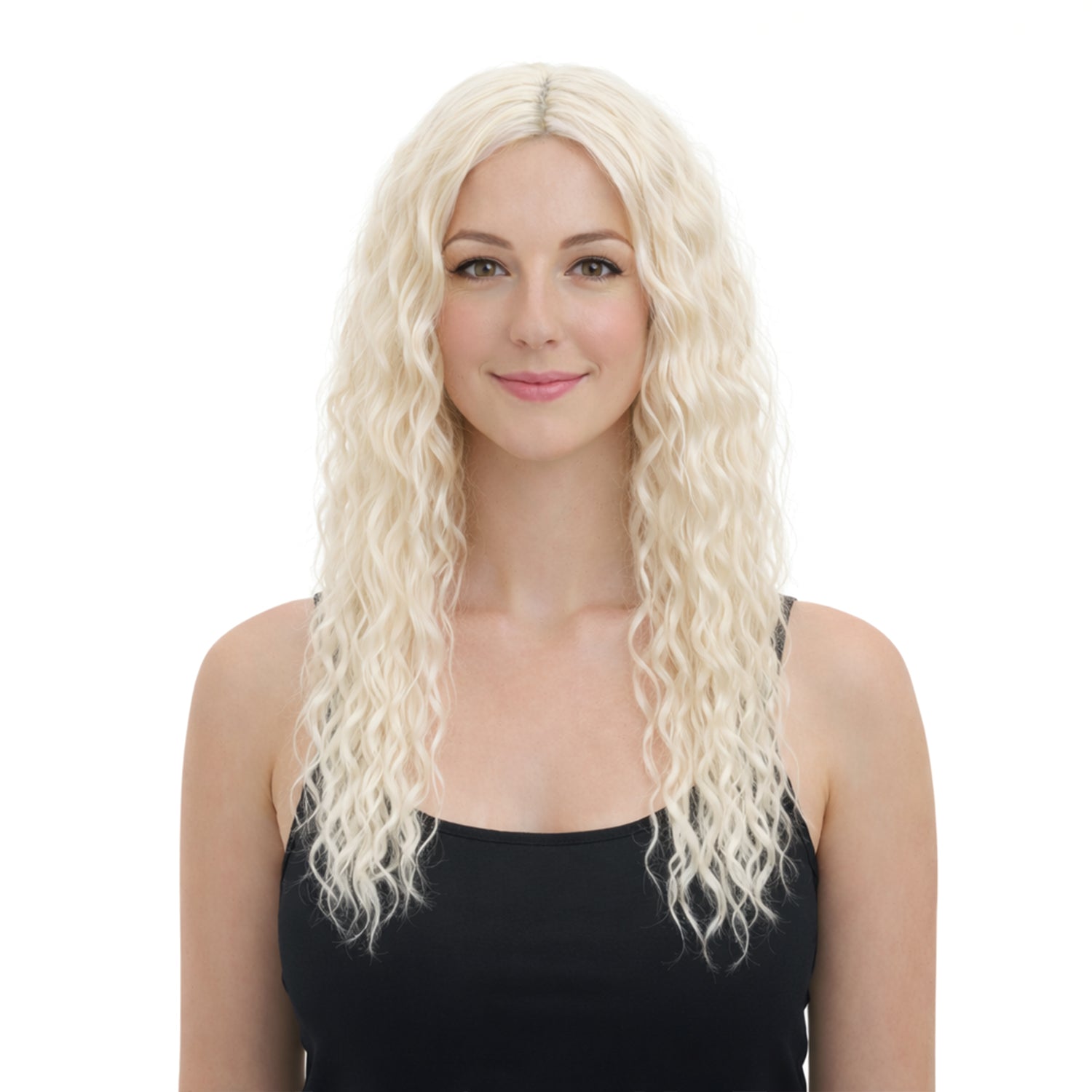 Woman wearing a long blonde wig on a white background