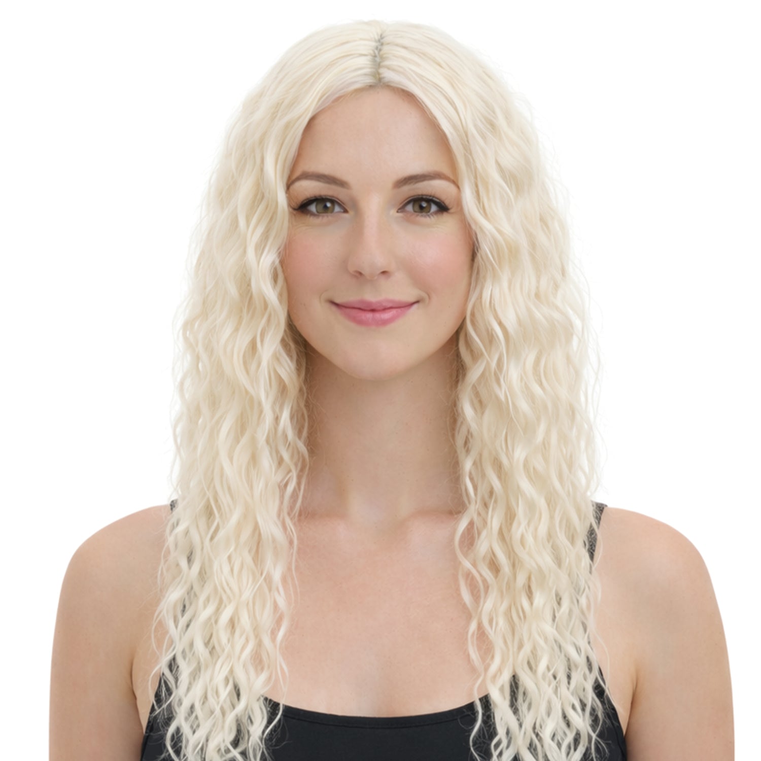 Woman wearing a long blonde wig on a white background