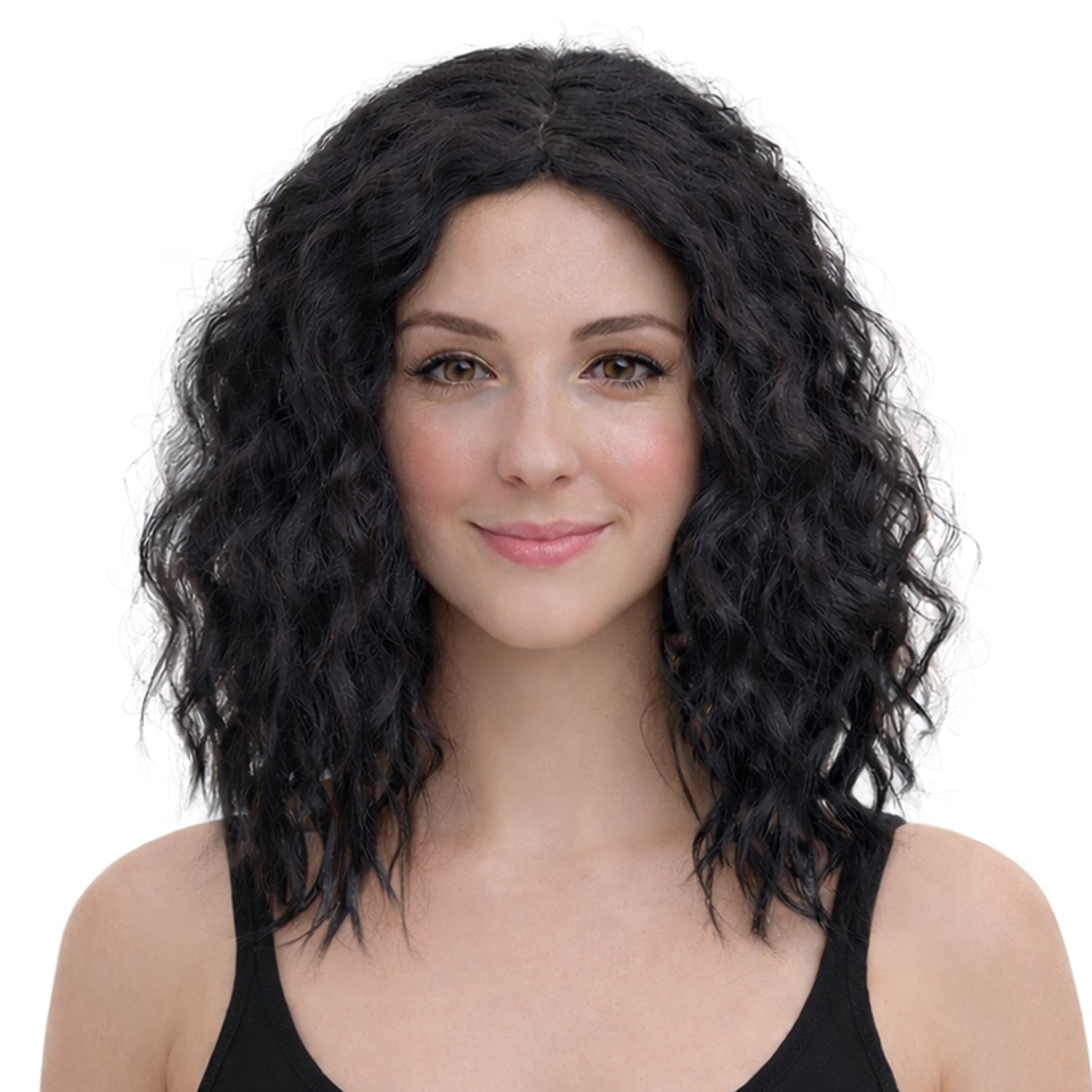 Woman with black wavy hair wearing a black tank top on a white background