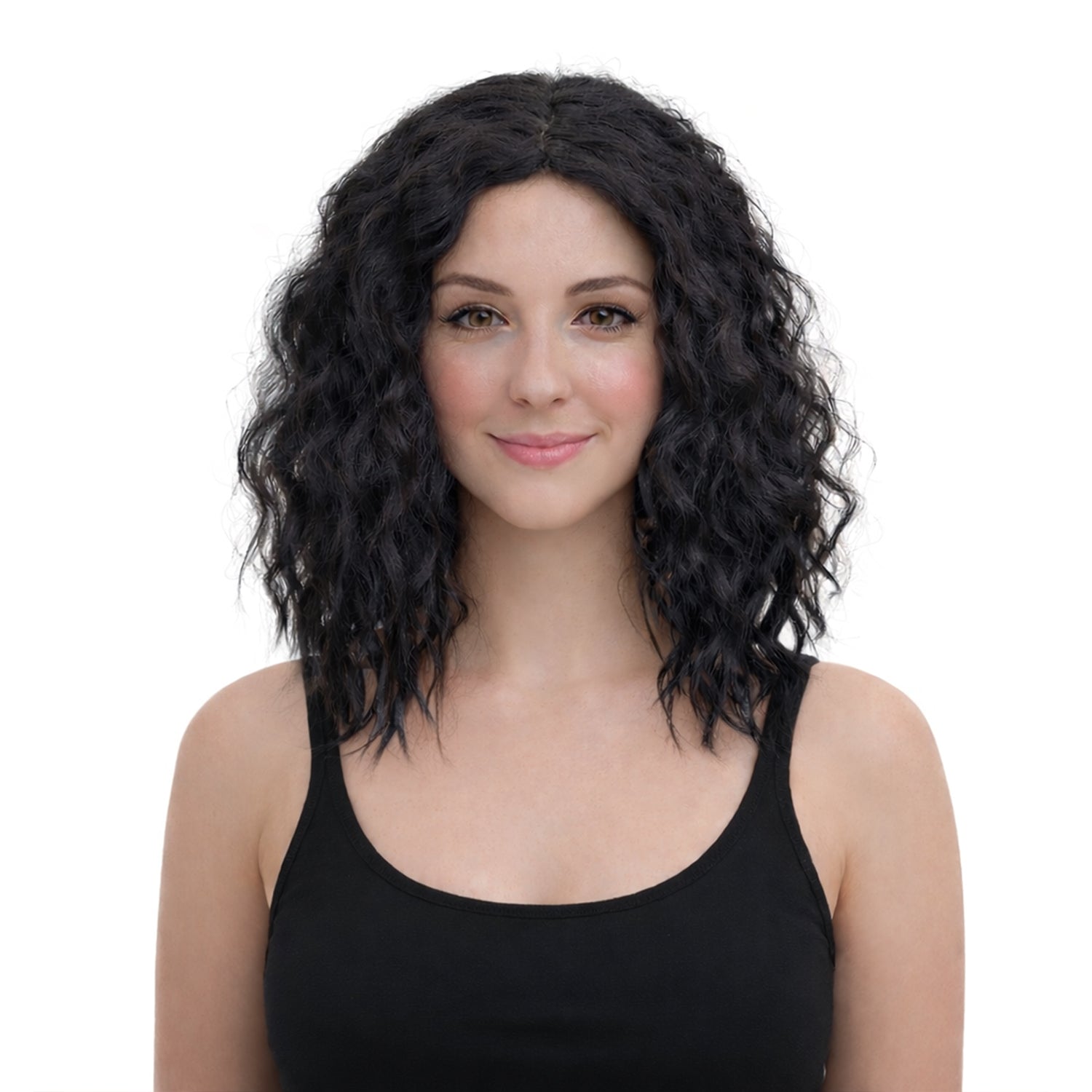 Woman wearing a black wig on a white background