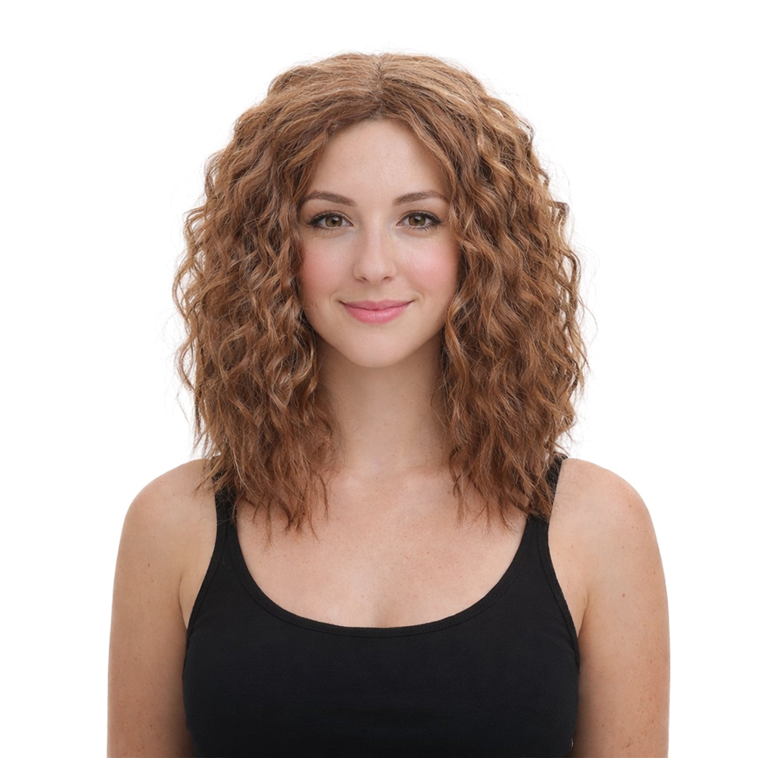 Woman with curly brown hair wearing a black tank top on a white background