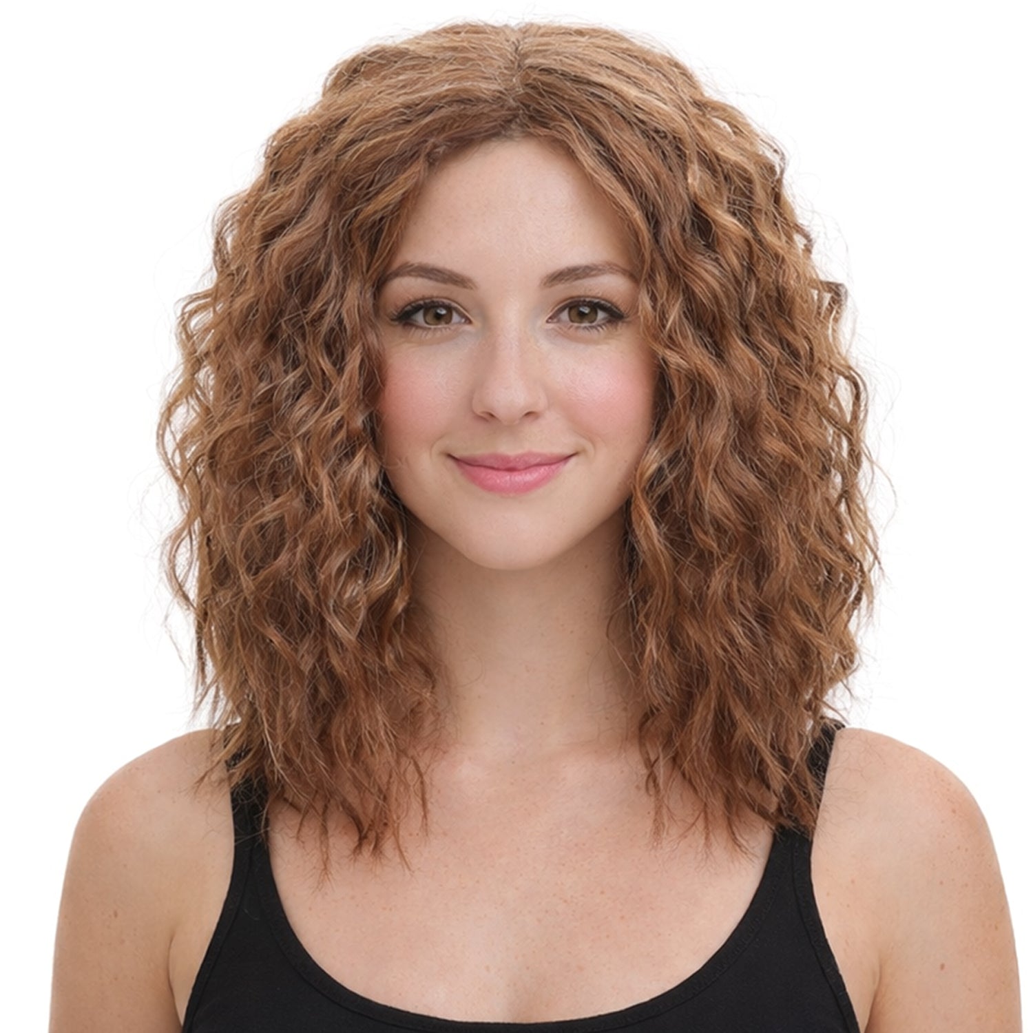 Woman with curly brown hair wearing a black tank top on a white background