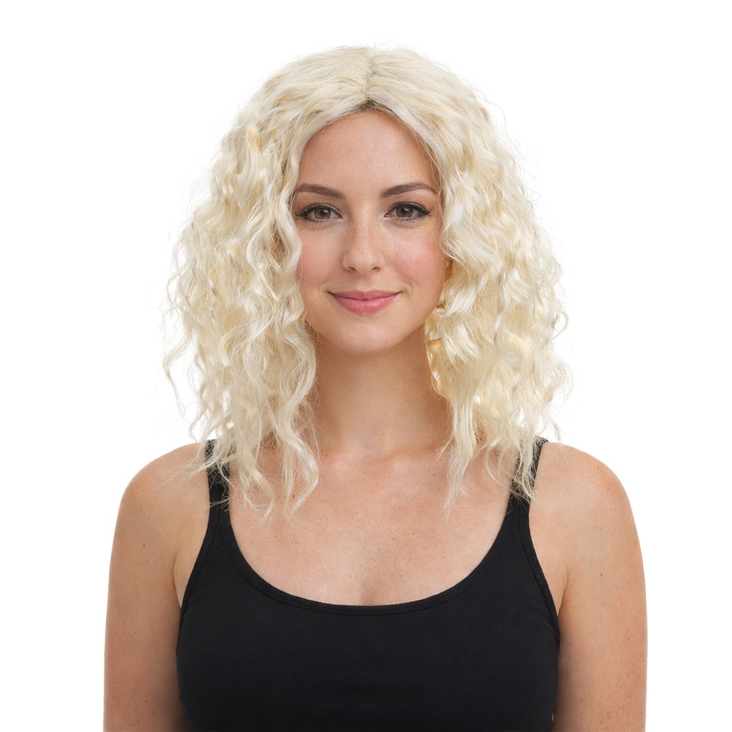 Woman wearing a blonde wig on a white background