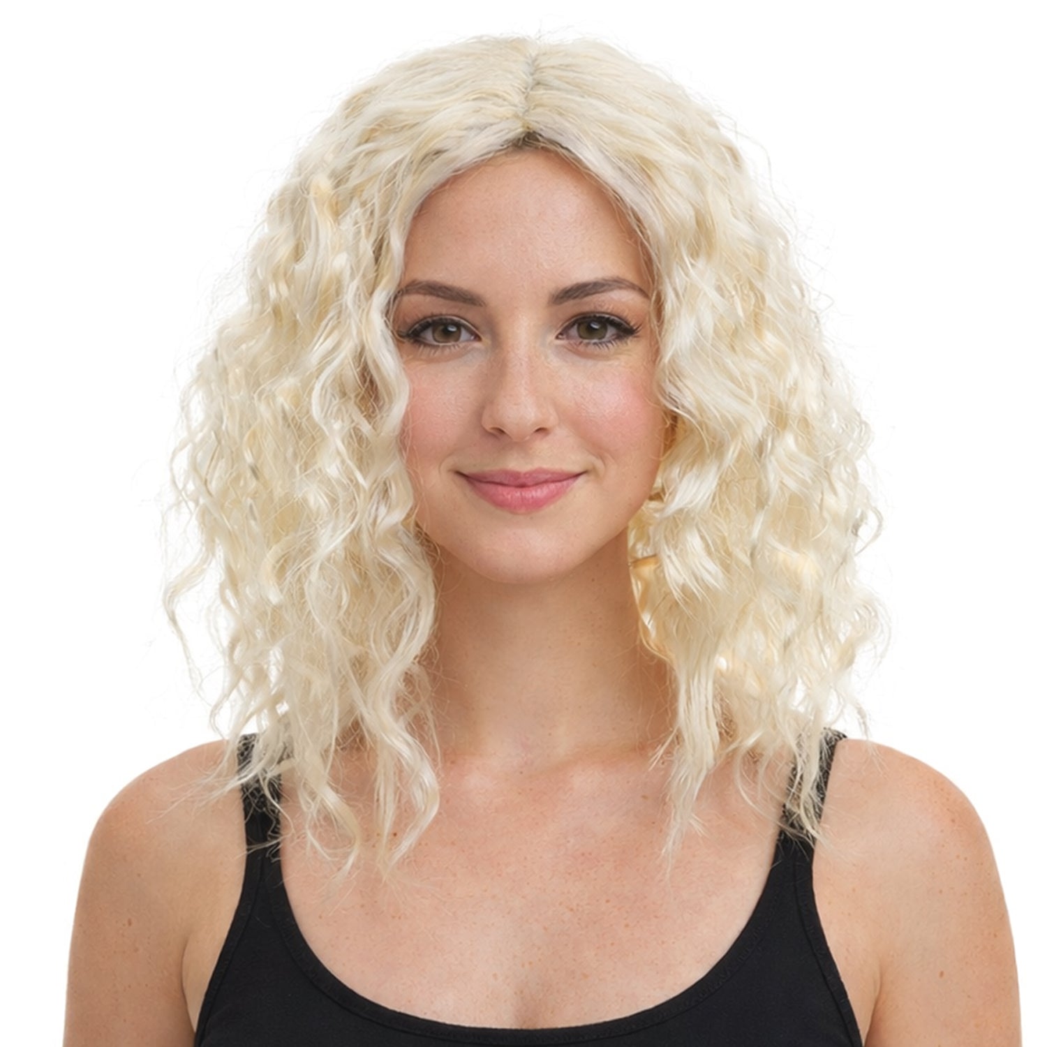 Woman with blonde curly wig on a white background