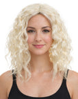 Woman with blonde curly wig on a white background