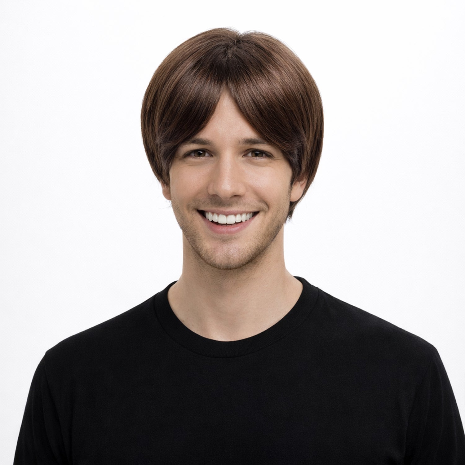 Person wearing a brown wig on a white background