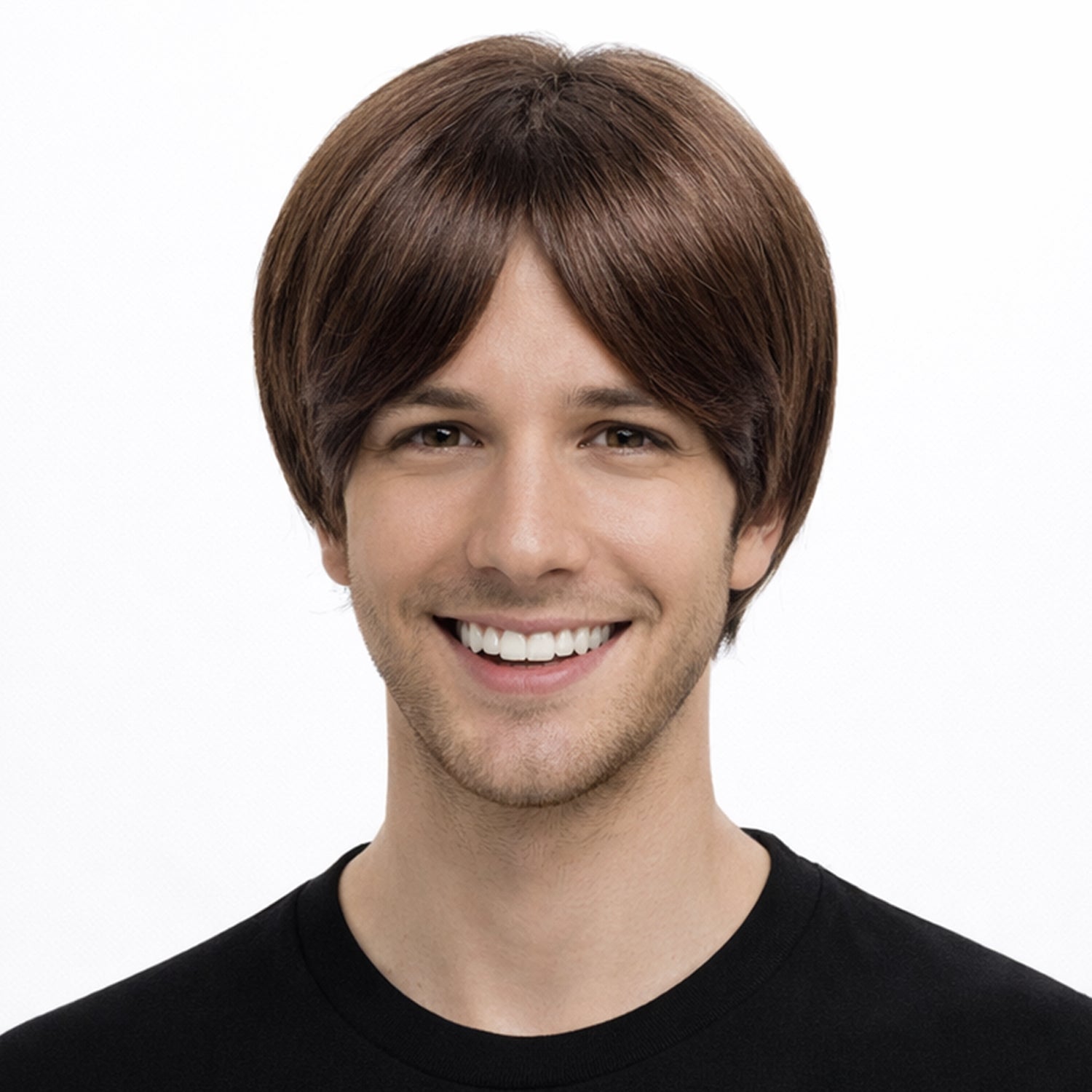 Man wearing a brown wig on a white background