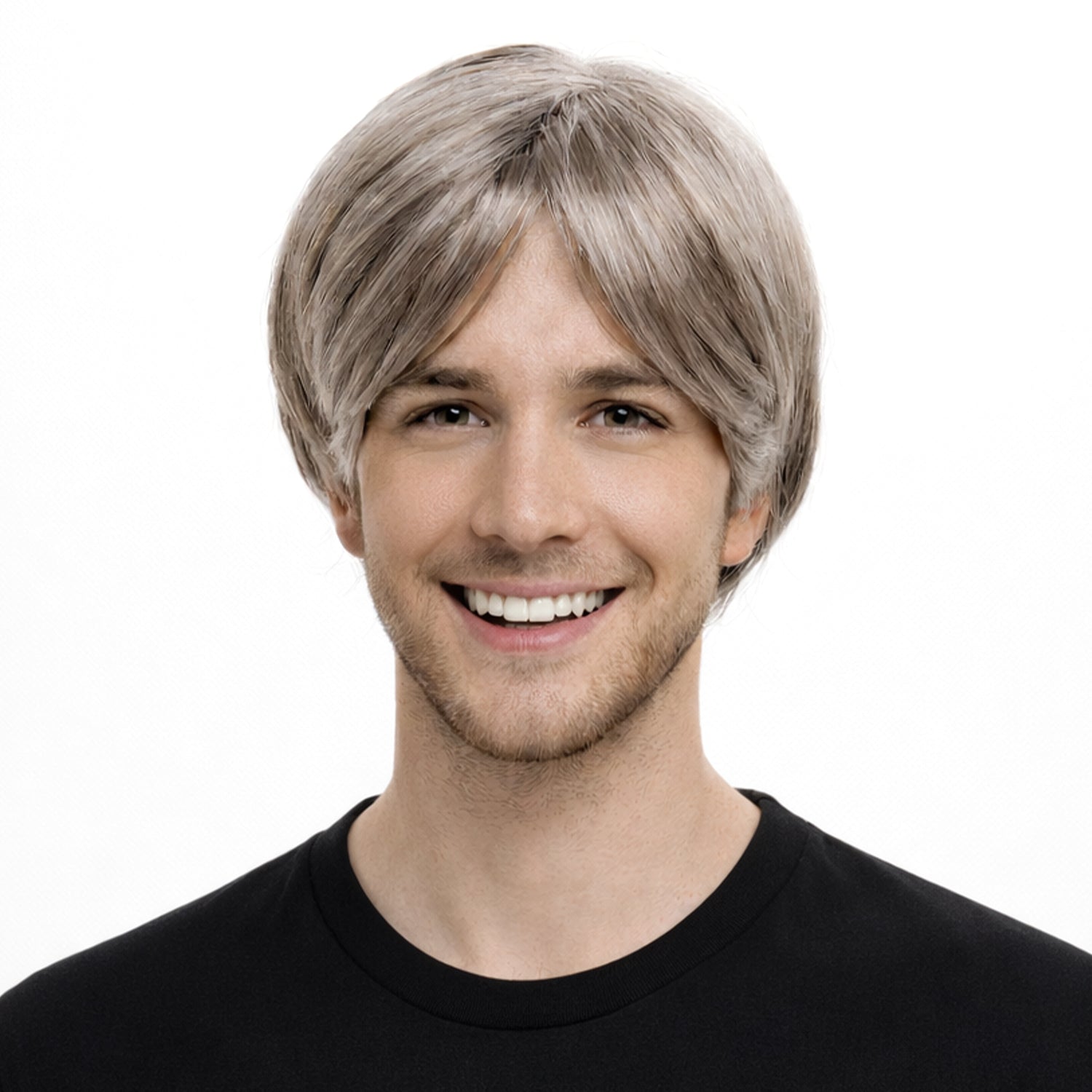 Person wearing a gray wig on a white background