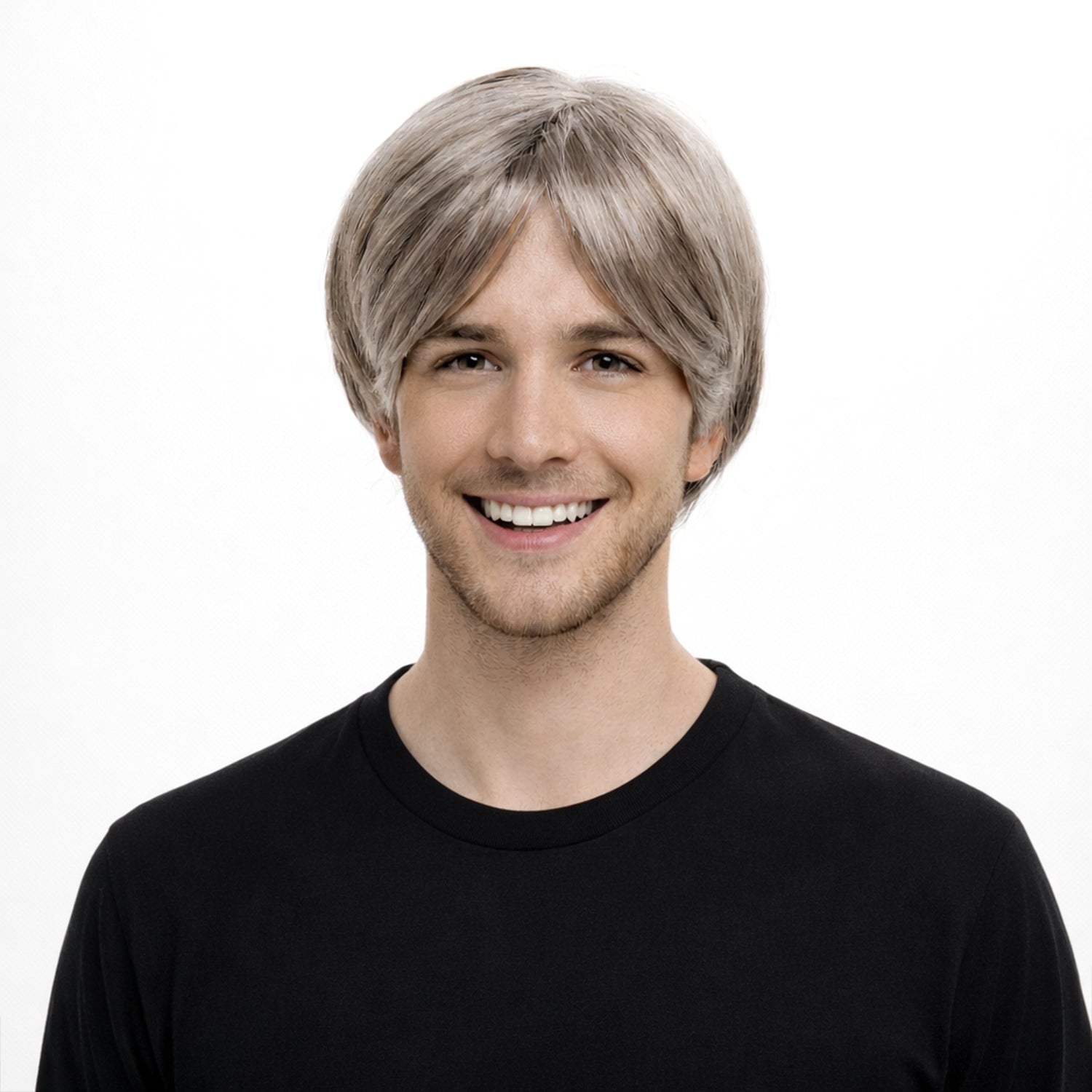 Person wearing a gray wig on a white background