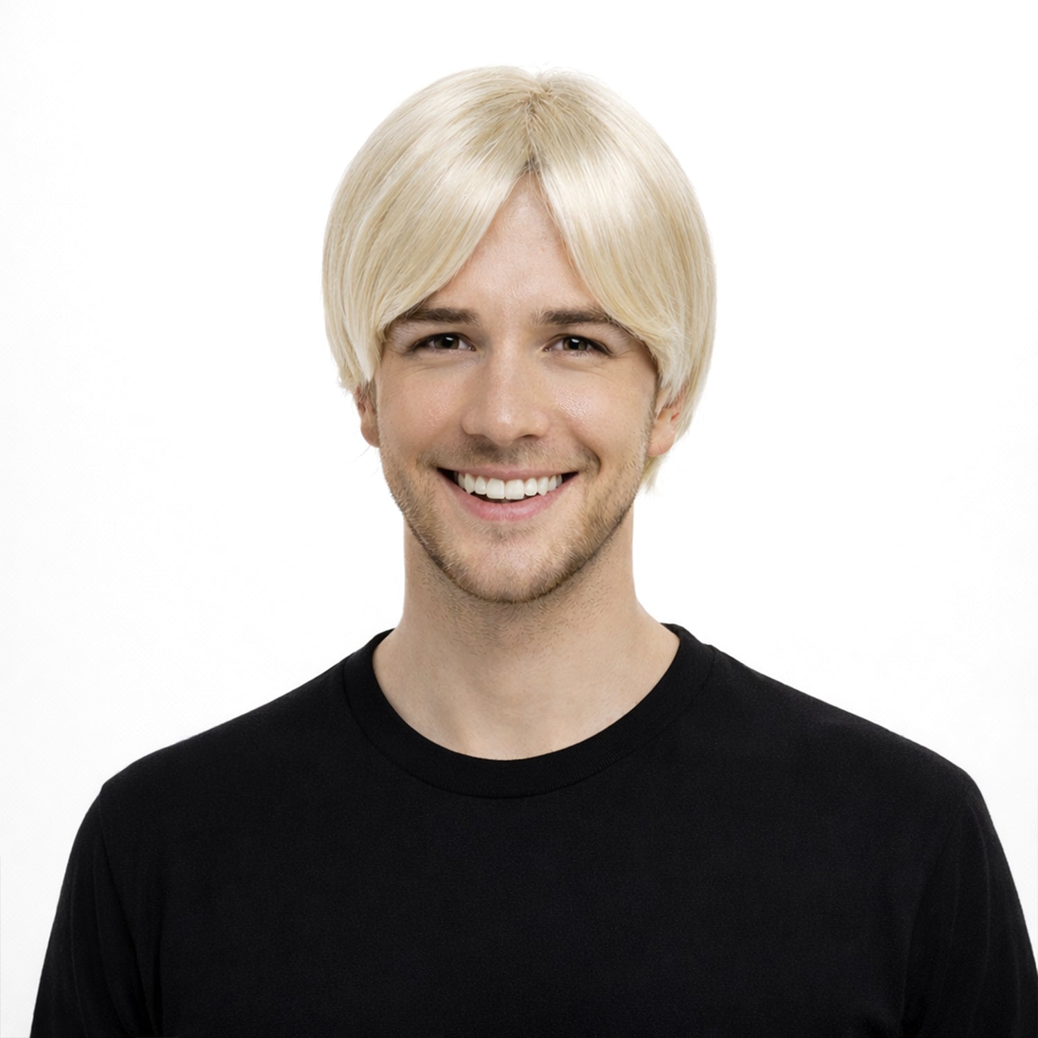 Person wearing a blonde wig on a white background